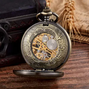 Macro detail of a bronze mechanical pocket watch with skeletal movement design