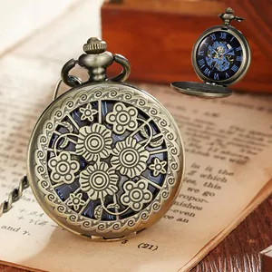 Vintage Steampunk Mechanical Pocket Watch Antique Bronze Hollow Carved Case Skeleton Roman Numerals Dial For Men Women Jewelry Gift