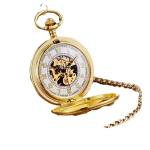 Classic large hollow-out mechanical pocket watch with gold chain and visible gears
