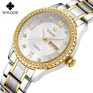 Montre de luxe WWOOR pour homme en acier inoxydable bicolore or et argent avec diamants