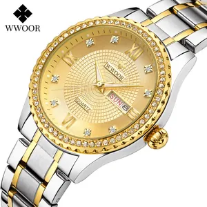 Montre à quartz de luxe WWOOR avec index en diamant cadran doré et bracelet en acier bicolore