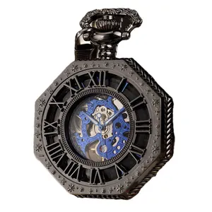 Orologio da taschino meccanico scheletrato ottagonale vintage con ingranaggi blu