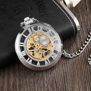 Reloj de Bolsillo Mecánico Esqueleto Vintage Con Números Romanos Diseño de Engranajes Caja de Aleación de Plata Unisex