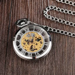 Reloj de bolsillo mecánico esqueleto vintage con números romanos y cadena plateada