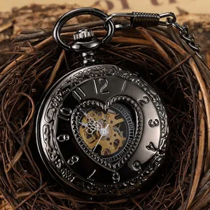 Vintage black mechanical pocket watch with heart-shaped hollow cover showing internal gears
