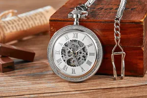 Vintage silver mechanical skeleton pocket watch with Roman numerals and chain detail
