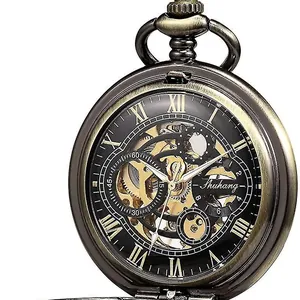 Montre à gousset mécanique squelette en bronze vintage avec chiffres romains et rouages