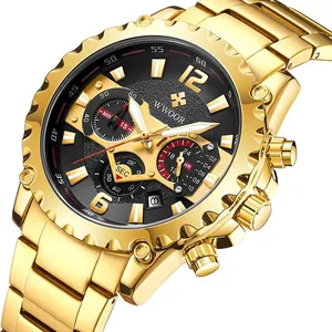 WWOOR gouden roestvrijstalen herenhorloge met chronograaf en zwarte wijzerplaat