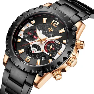 WWOOR multifunctioneel herenhorloge met zwarte roestvrijstalen band en gouden accenten