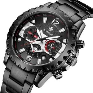 WWOOR heren luxe zwart roestvrijstalen chronograaf horloge met 3-subdial ontwerp