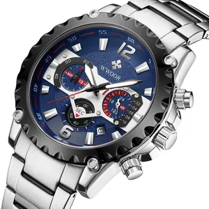 Luxe WWOOR multifunctioneel herenhorloge met blauwe wijzerplaat en zilveren stalen band