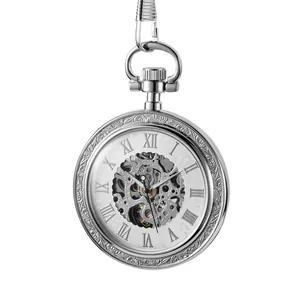 Classic silver mechanical pocket watch with skeleton dial and vintage Roman numerals