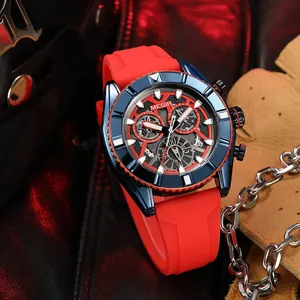 MEGIR sporthorloge voor heren met rode siliconen band en blauwe chronograaf wijzerplaat