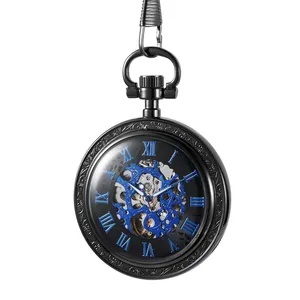 Vintage black mechanical skeleton pocket watch with blue Roman numerals on white background