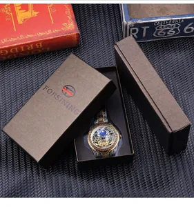 Forsining Herren-Skelettuhr mit Retro-Gravur im braunen Geschenkkarton