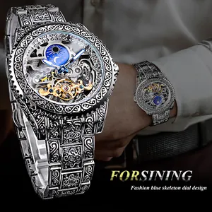 Detailansicht der Forsining Vintage gravierten Skelett Automatik-Armbanduhr für Herren