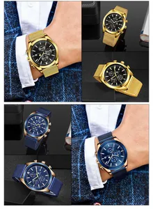 Vistas detalladas de los relojes cronógrafos multifunción WWOOR en oro y azul