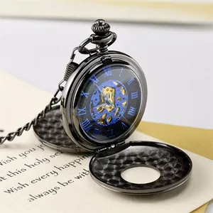Orologio da taschino meccanico nero vintage con quadrante scheletro blu e catena