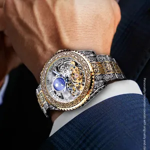 Forsining automatische Herrenuhr mit Skelett-Zifferblatt und Vintage-Blumenschnitzerei