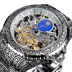 Luxuriöse mechanische Herrenuhr mit Skelettzifferblatt und Vintage-Gravur-Design