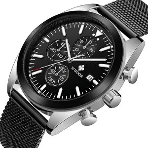 Reloj cronógrafo de cuarzo para hombre en negro con agujas luminosas y correa de malla metálica