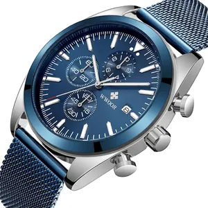 Reloj cronógrafo multifunción WWOOR para hombre con esfera azul y correa de malla