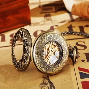 Mechanische Skelett-Taschenuhr im Vintage-Stil mit antiker Bronzierung und Hohlgehäuse.