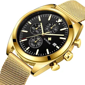 Reloj cronógrafo WWOOR de lujo para hombre con correa de malla dorada y esfera negra