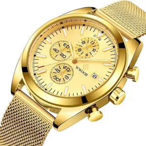 Reloj Cronógrafo de Cuarzo WWOOR de Lujo para Hombre en Oro con Correa de Malla de Acero