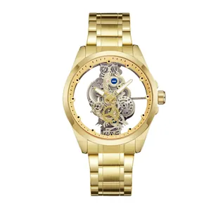 Close-up view of a luxury gold skeleton men's watch with visible mechanical movement