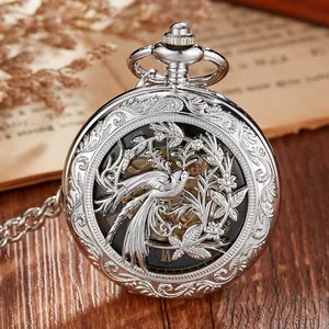 Vintage Birds and Flowers Hollow Semi-Automatic Mechanical Pocket Watch Double Sided Carved Roman Numerals Pocket Watch With Chain