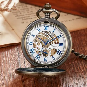 Detailed close-up of a vintage bronze skeleton mechanical pocket watch with blue Roman numerals