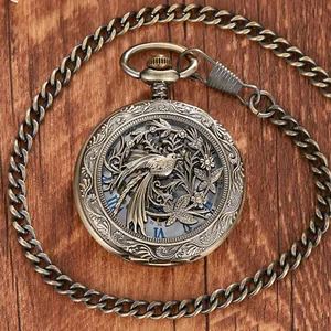 Detailed view of vintage hollow mechanical pocket watch with bird and floral cover