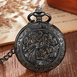 Vintage black mechanical pocket watch with bird and flower hollowed engraving