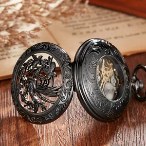 Detailed view of vintage black mechanical pocket watch with hollow floral design