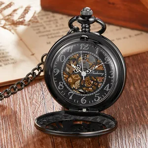 Close-up of black skeleton mechanical pocket watch with hollow floral cover design.