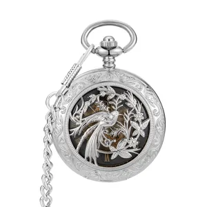 Silver vintage mechanical pocket watch with hollow bird and floral engraved flip cover