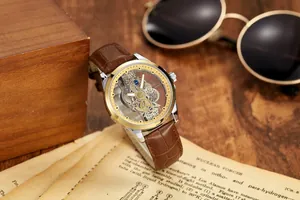Vintage style luxury skeleton automatic watch for men featuring a brown leather strap