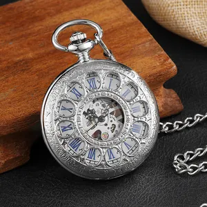 Montre à Gousset Mécanique Squelette Argent Vintage Avec Boîtier en Alliage Fleuri Chiffres Romains Style Antique Chaîne Cadeau
