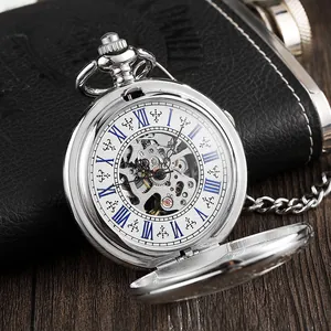 Close-up of silver mechanical pocket watch with skeleton dial and blue Roman numerals