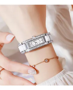 Elegant Labaoli white ceramic square watch featuring a diamond-encrusted silver bezel