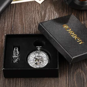 Classic silver mechanical pocket watch with skeleton dial in a premium black gift box