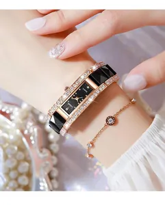 Close-up of elegant Labaoli women's square ceramic watch with sparkling diamonds