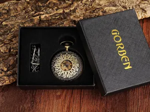 Antique bronze mechanical pocket watch with hollow sun pattern in a deluxe black gift box