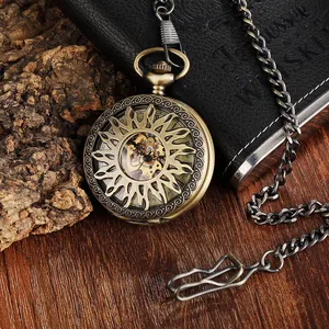 Exquisite antique bronze sunburst hollow automatic mechanical pocket watch with chain