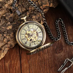 Vintage automatic mechanical pocket watch featuring a skeleton dial and Roman numerals