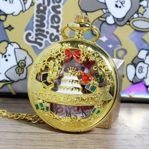 Vintage Creatief Kwarts Zakhorloge Verjaardagsthema Hol Uitgesneden Legering Hanger Horloge Met Ketting Voor Verjaardagscadeau