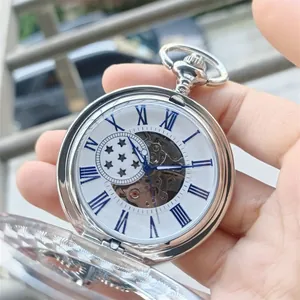 Vintage zilveren skelet automatisch mechanisch zakhorloge met blauwe Romeinse cijfers