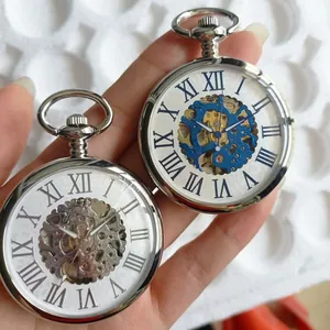 Orologio da Taschino Meccanico Argento Retro Unisex Quadrante Scheletrato Numeri Romani Con Catena da Vita Gioielli
