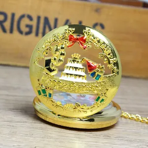 Gouden kwartszakhorloge met Happy Birthday-taartholte deksel en een rode strik